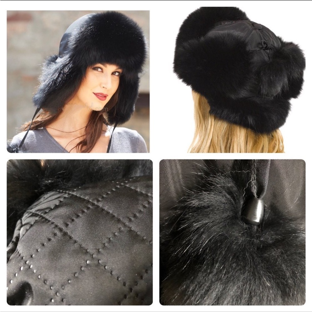 NWOT Genuine Fox Fur Bomber Black HAT - Picture 3 of 6
